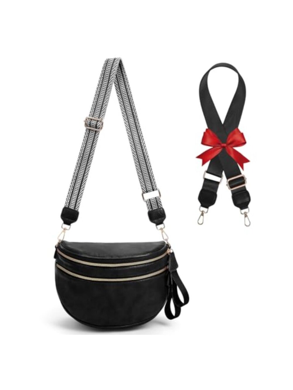 PU Leather Crossbody Fanny Pack with 2 Straps, Large Trendy Bum Bag for Women,